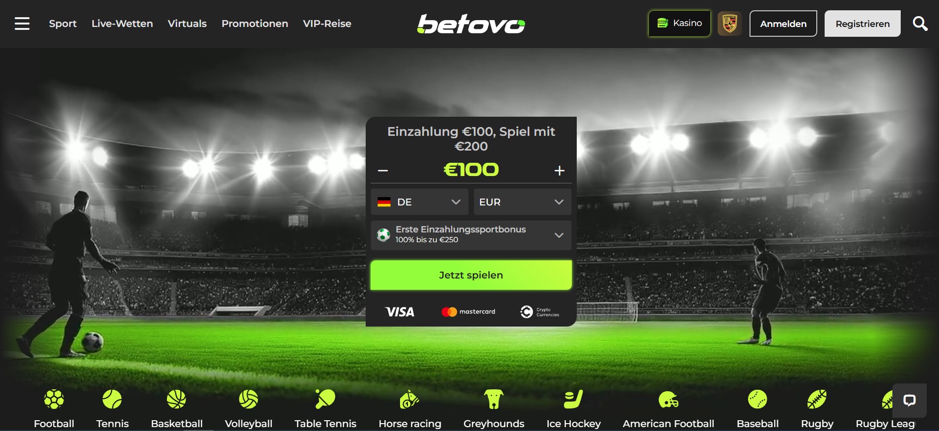 Die Abbildung präsentiert vier unterschiedliche Werbeangebote für Sportwetten auf der Webseite von Betovo. Die Promotions umfassen einen ersten Einzahlungsbonus von 100% bis zu 250€, einen zweiten Einzahlungsbonus von 75% bis zu 500€, einen dritten Einzahlungsbonus von 75% bis zu 250€ und eine kostenlose Wette bis zu 200€ bei späten Toren. Jedes Angebot ist optisch unterschiedlich gestaltet und enthält einen Button zum Einlösen des Bonus sowie einen Link für weitere Details.